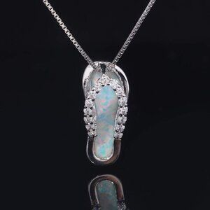 New - White Fire Opal With White Topaz Silver Pendant - Includes a Chain